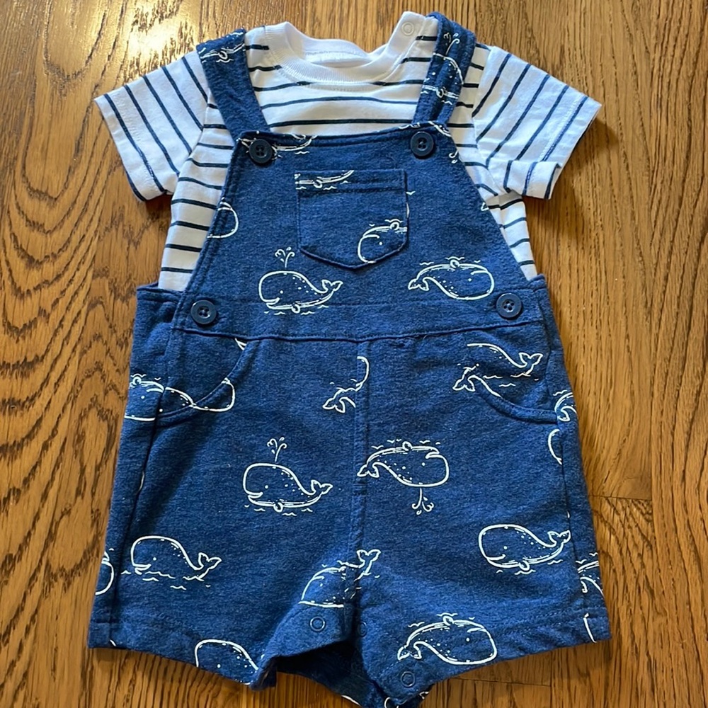 Set of 2 - Matching Shirt + Overalls. Size 0-3 Months, Whales and Stripes